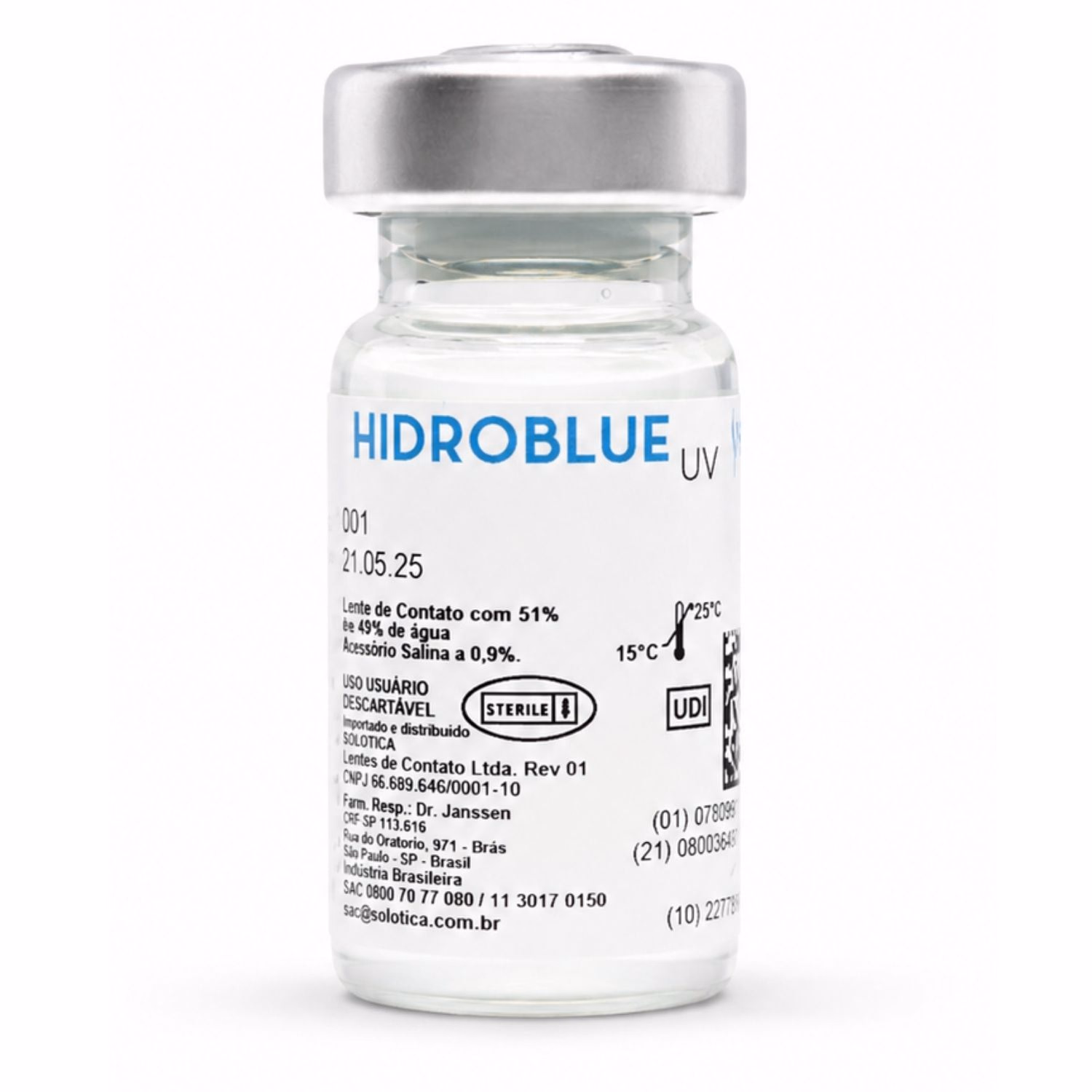 Frasco frontal da lente de contato Hidroblue UV Esférica da Solótica